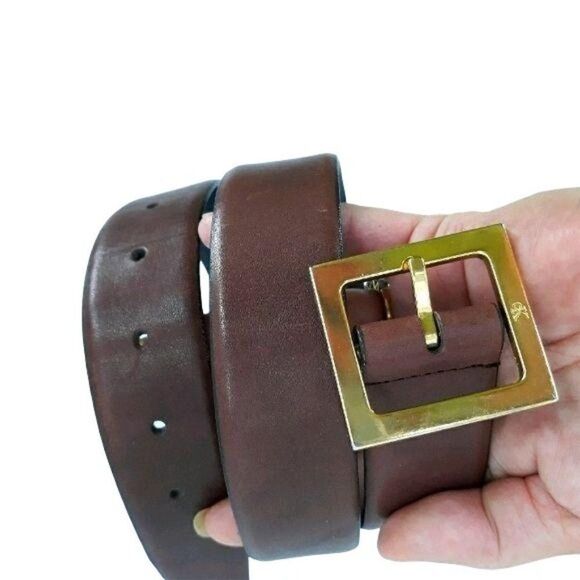 Calvin Klein Unisex Leather 1.25" Wide Logo CK Gold Buckle Brown Sz 32" S/M - Picture 1 of 11